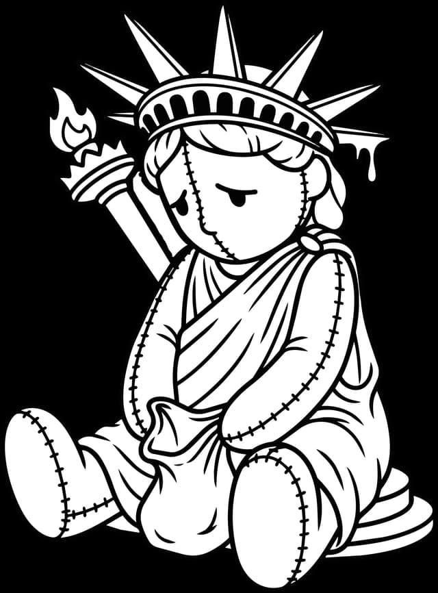 Estatuilla de la Libertad sentada mirando una bolsa vacía